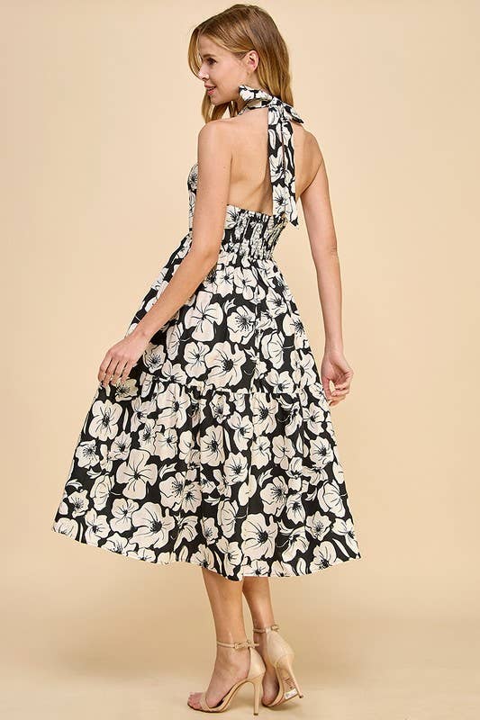 Black and White Floral Halter Midi