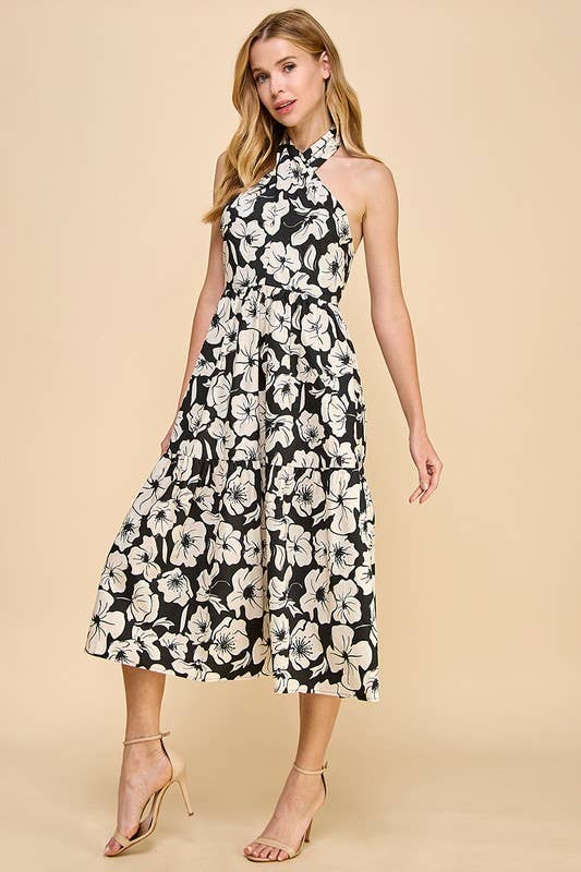 Black and White Floral Halter Midi