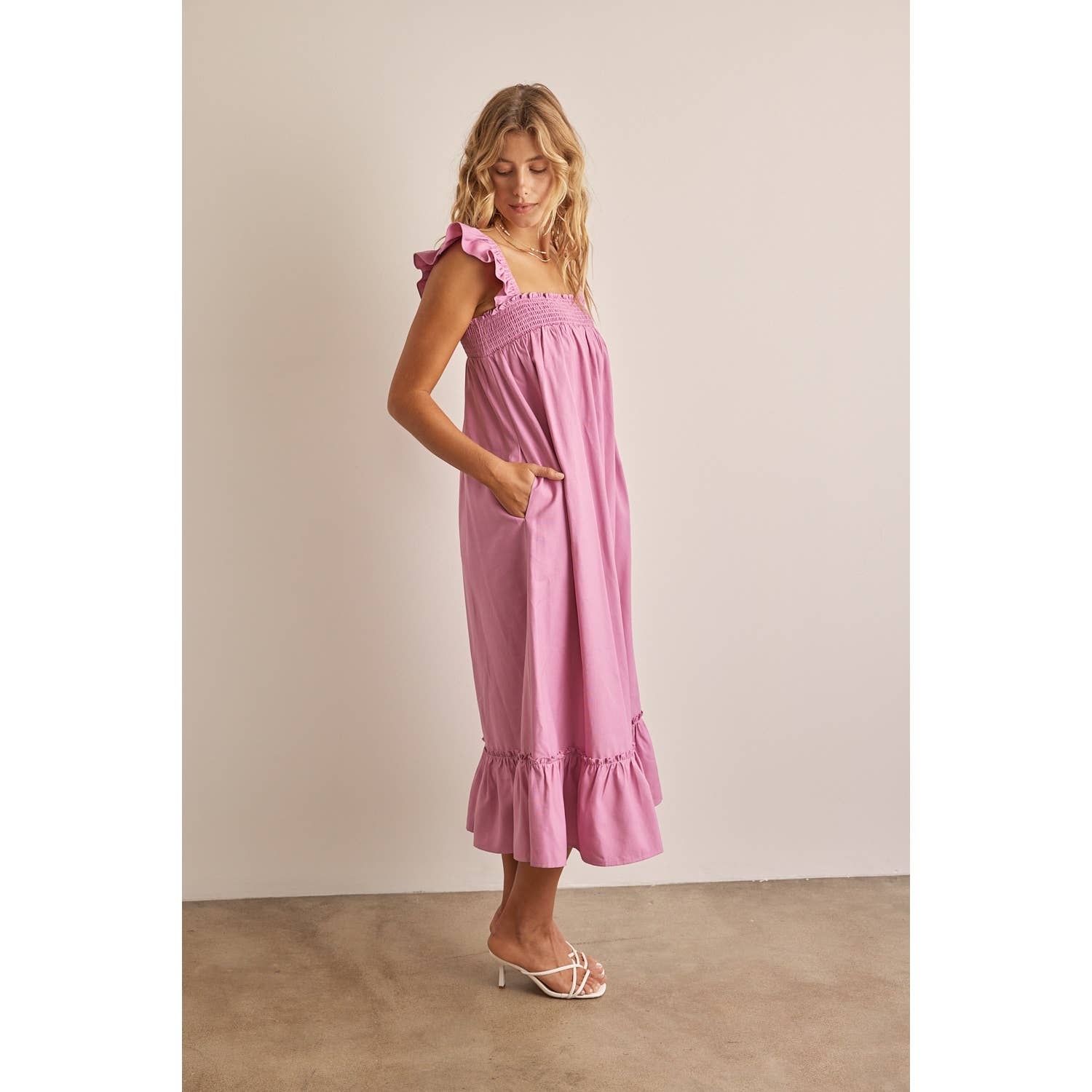 blush ruffle sleeve maxi