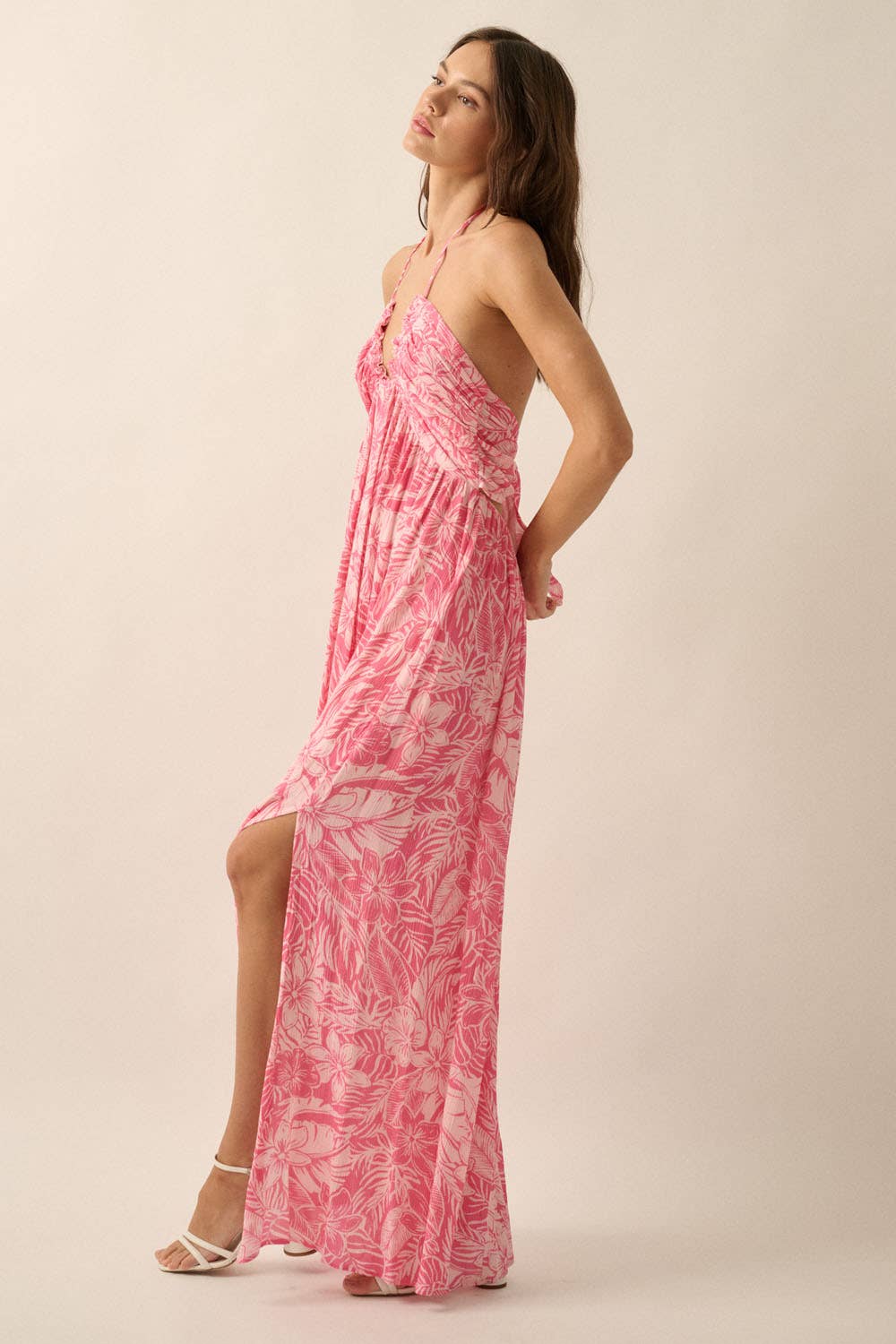 halter pink and white maxi dress