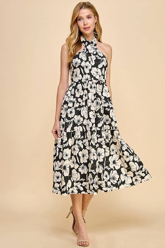 Black and White Floral Halter Midi