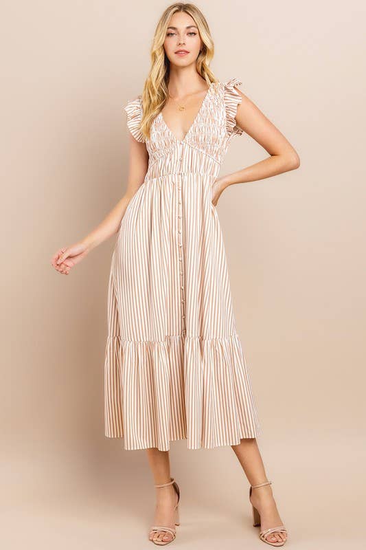 striped beige button down smocked maxi