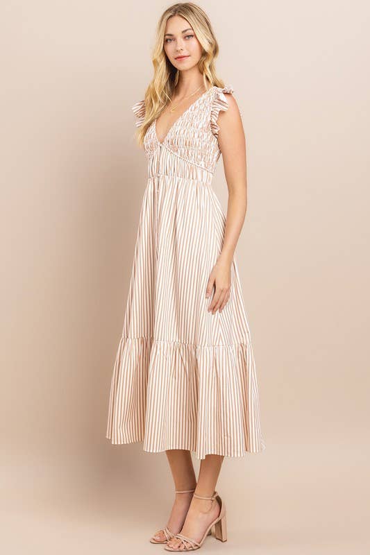 striped beige button down smocked maxi