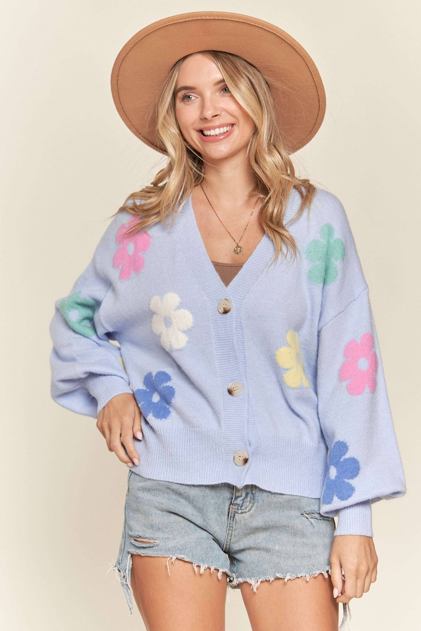 blue and pink floral cardigan