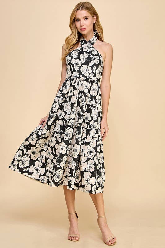 Black and White Floral Halter Midi