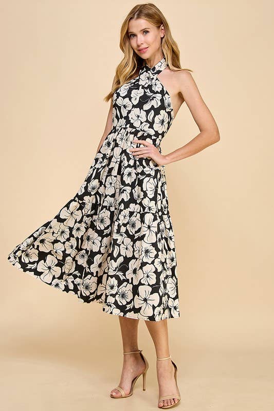 Black and White Floral Halter Midi