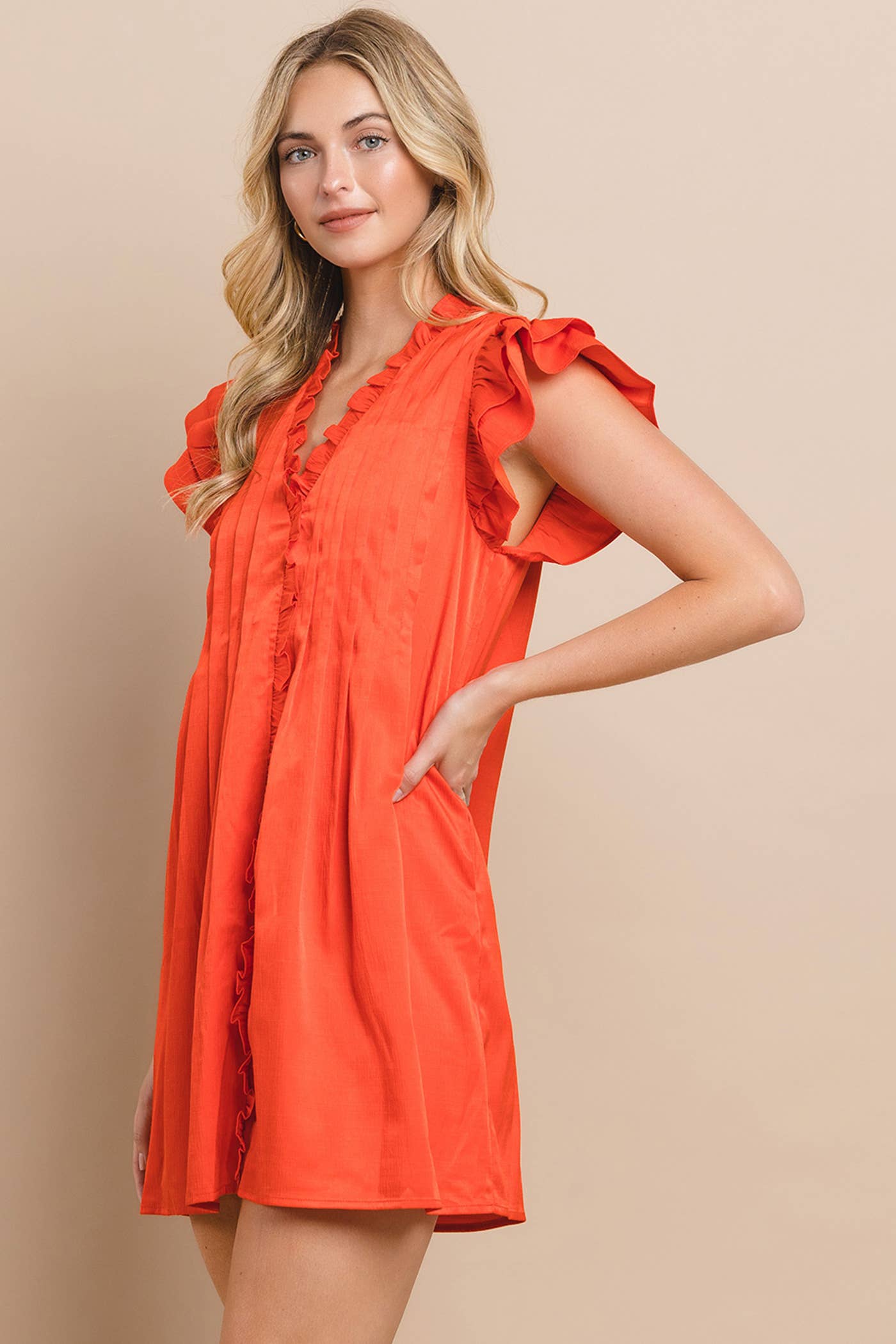 red ruffle shift dress