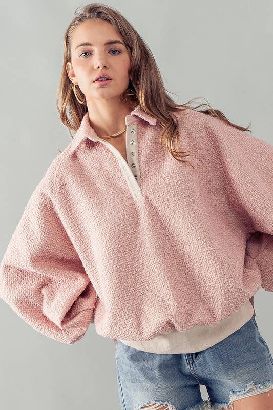 pink tweed polo sweater