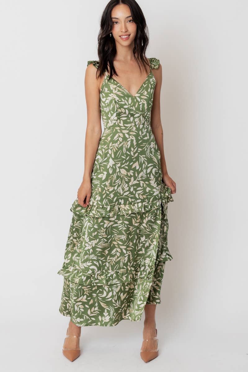 olive satin ruffled tier maxi dress