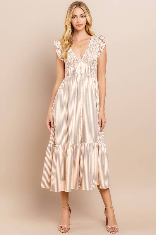 striped beige button down smocked maxi