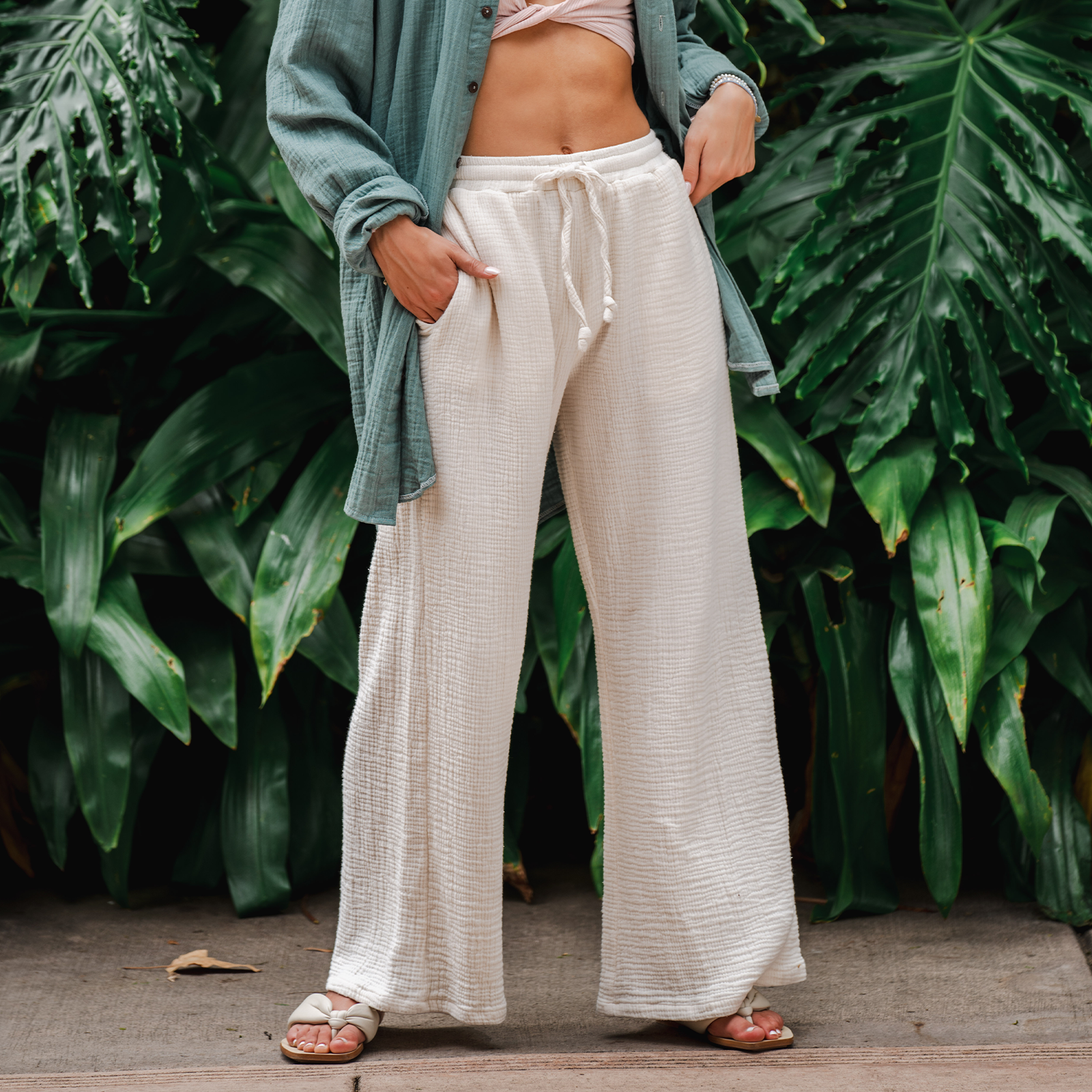 white linen beach pants